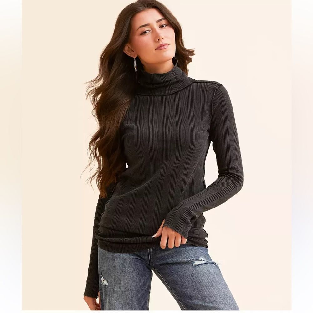 free people XS Black Brynn Turtleneck Scrunched Ribbed Thermal Cotton Top